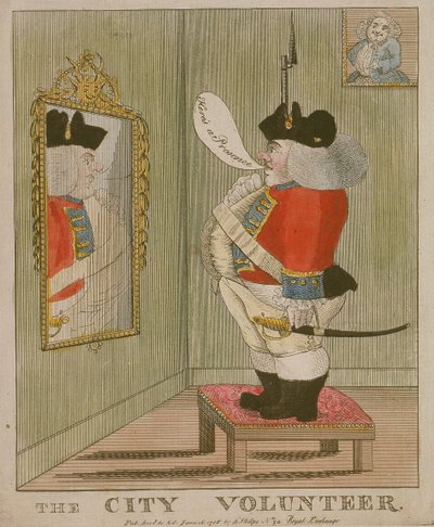 Vista de un voluntario corpulento de la ciudad admirándose en el espejo, 1785 de Unbekannt