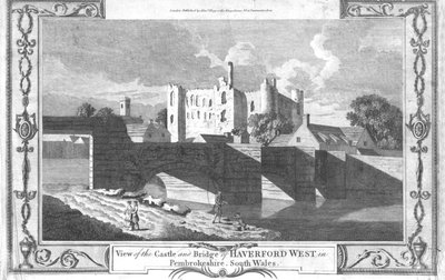 Vista del castillo y puente de Haverford West en Pembrokeshire, finales del siglo XVIII de Unbekannt