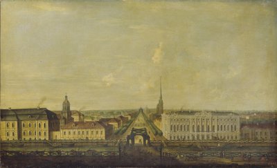 Vista de la Avenida Nevsky desde el Puente de la Policía con el Palacio Stroganov, segunda mitad del siglo XVIII de Unbekannt