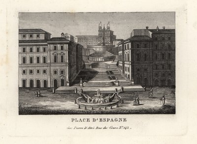Vista de la Piazza di Spagna, Fontana della Barcaccia, Fuente de la Barcaza y Escalinata de la Trinità dei Monti, Escalinata Española, Roma de Unbekannt