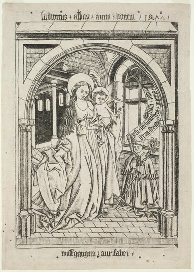 Virgen y Niño, Abad Ludwig arrodillado, 1400s de Unbekannt