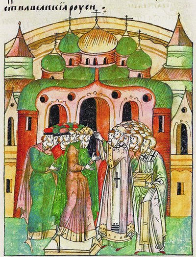 Vladimir Vsevolodovich coronado por el obispo Neophytos con la Capucha de Monomakh. De la Compilación Iluminada de Unbekannt