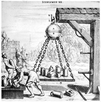 Demostración de Von Guericke del poder de la presión del aire, 1672 de Unbekannt