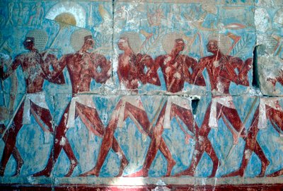 Pintura mural: regreso de la expedición, Templo de la Reina Hatshepsut, Luxor, Egipto, c. 1470 a.C. de Unbekannt