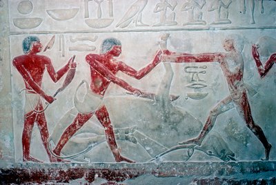 Pintura mural de 3 carniceros cortando una carcasa, Tumba de Idut, V Dinastía, c. 2350 a.C. de Unbekannt