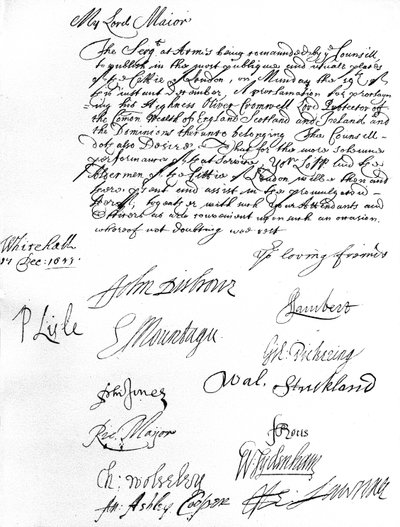 Orden del Consejo de Estado al Alcalde de Londres, deseándole a él y a los concejales asistir a la proclamación de Oliver Cromwell como Lord Protector del Commonwealth de Inglaterra, Escocia, Irlanda y los Dominios el 19 de diciembre de Unbekannt