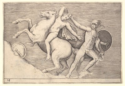Guerrero tirando a un jinete de su caballo, de Ex Antiquis Camorum et Ge..., publicado ca. 1599-1622 de Unbekannt