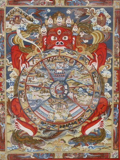 Rueda de la vida o rueda del Samsara (Mandala). Monasterio de Kopan, Bhaktapur, Nepal de Unbekannt