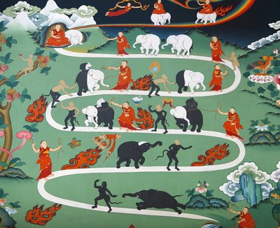 Cuento del elefante blanco en el monasterio de Kopan, Katmandú, Nepal de Unbekannt