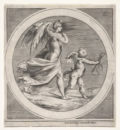 Figura femenina alada, vestida y portando un bastón, caminando detrás de un putto alado..., ca. 1550-1600 de Unbekannt