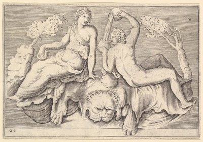 Mujer y hombre sentados en piel de león, hombre sirviendo vino, publicado ca. 1599-1622 de Unbekannt