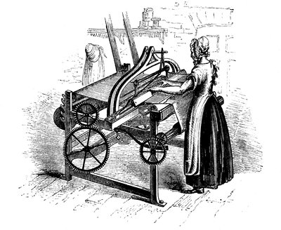 Mujer operando un telar mecánico para tejer algodón, c.1840 de Unbekannt