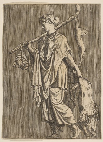 Mujer regresando de una cacería llevando un jabalí en su mano izquierda y un palo en su r..., ca. 1515-1600 de Unbekannt