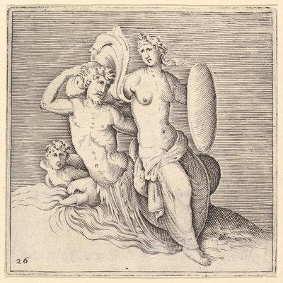 Mujer con escudo sentada en un monstruo marino, publicado ca. 1599-1622 de Unbekannt