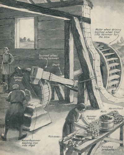 Trabajo en una fundición de hierro y herrería durante el período de la Edad Media, c1934 de Unbekannt