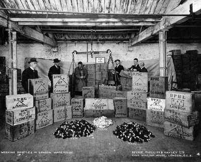 Trabajando con cerdas en un almacén, Londres, 1938 de Unbekannt