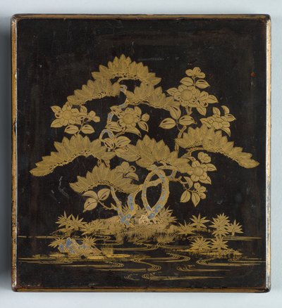 Caja de escritura Suzuribako con diseño de pino, camelia y bambú en la tapa, 1400s de Unbekannt