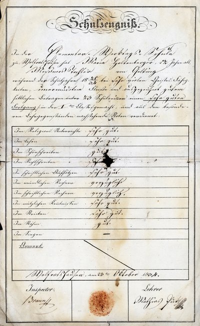Informe escolar de fin de año de la escuela primaria dominical de una alumna (Monika Haltenberger, hija del sacristán), de una escuela primaria con fecha 24 de septiembre de 1840, Academia de Geretsried, Alta Baviera en Alemania, Europa de Unbekannt