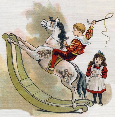 Niño pequeño en un caballo de balancín con un látigo. Grabado en "ABC L