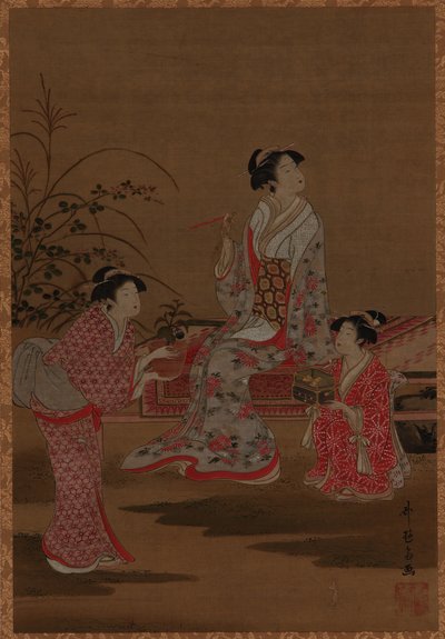 Joven mujer, con dos asistentes, sentada en un jardín, período Edo, 1615-1868 de Unbekannt