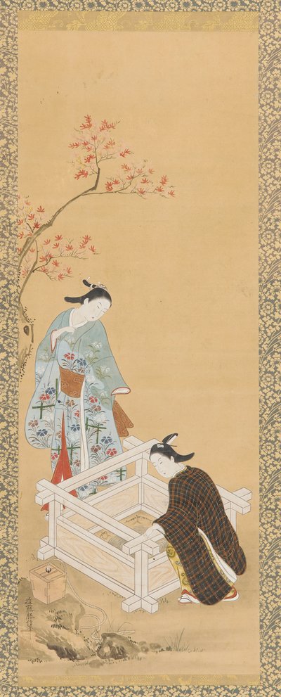 Joven y una doncella cerca de un pozo, período Edo, 1615-1868 de Unbekannt