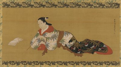 Yujo reclinada y leyendo una partitura musical, período Edo de Unbekannt