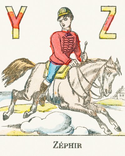Z: Zéfiro, un jinete galopando en su caballo llamado Zéfiro - Alfabeto de Juegos, c.1890 (grabado) de Unbekannt