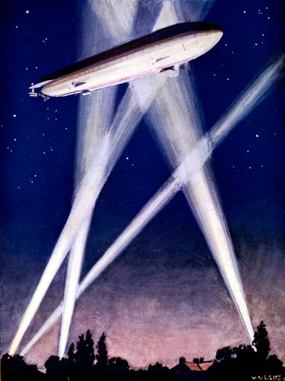 Dirigible Zeppelin atrapado en reflectores durante un bombardeo sobre Inglaterra, 1916 de Unbekannt