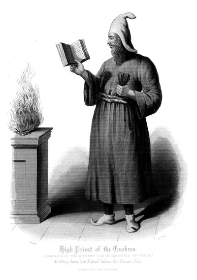 Sumo Sacerdote Zoroastriano recitando ante el fuego sagrado de Unbekannt