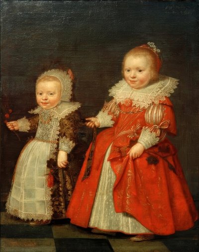 Dos niñas pequeñas, figuras completas de pie hacia la izquierda de Unbekannt