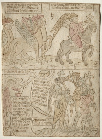 Página del Apocalipsis: Los langostas con el ángel del abismo y la sexta trompeta, 1400s de Unbekannt