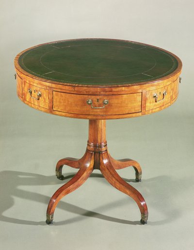 Pequeña mesa de tambor de madera de satén de Sheraton. Inglesa, c.1790 de Unbekannt Unbekannt