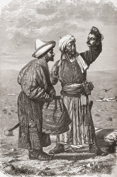 Un soldado afgano sosteniendo la cabeza decapitada de su enemigo, ilustración de 