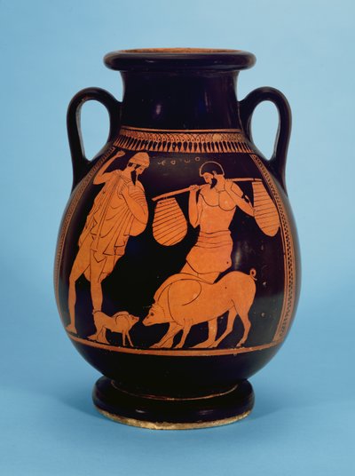 Pelike de figuras rojas áticas: cerdos, porquero y Odiseo, por el Pintor de los Cerdos, 470-60 a.C. de Unbekannt Unbekannt
