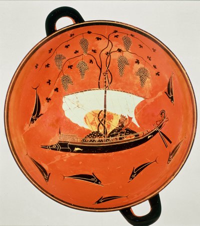 Kylix de figuras negras, vista interior mostrando a Dionisio en un barco con una vid, Exekias, pintor de Sirenas, siglo VI a.C. de Unbekannt Unbekannt