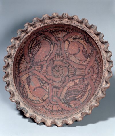 Copa copta, terracota pintada con bordes de guirnaldas, egipcia, siglo VII d.C. de Unbekannt Unbekannt
