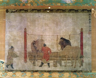 Colgante, que representa mozos alimentando caballos, tinta y acuarela sobre seda, atribuido a Jen Jen-Far, chino, siglo XIV de Unbekannt Unbekannt