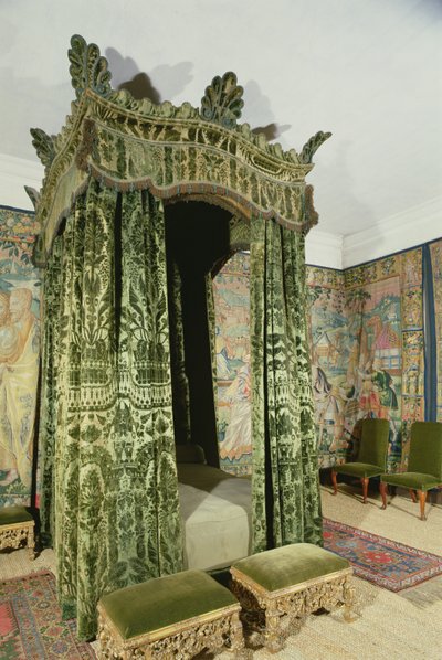 Interior de Hardwick Hall, Derbyshire, mostrando la Cámara Verde con muebles y colgaduras originales del siglo XVI (H8044) de Unbekannt Unbekannt
