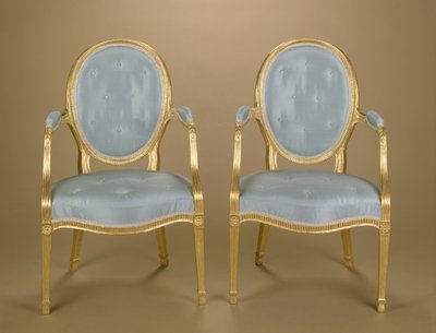 Par de sillas de respaldo ovalado doradas de Adam, tapizadas en azul, c.1780 de Unbekannt Unbekannt