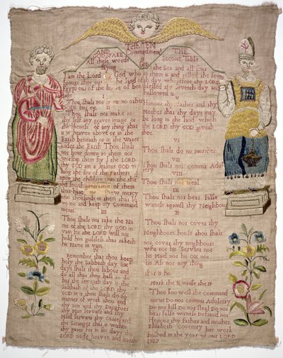Muestrario, representando los Diez Mandamientos, por Elizabeth Coventry, inglesa, 1727 (sedas de colores sobre lino) de Unbekannt Unbekannt