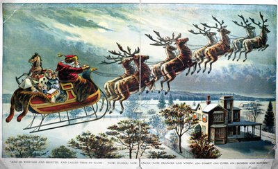 La primera salida de Santa con trineo y renos, ilustración para Una visita de San Nicolás, por Clement Clarke Moore, 1890s de Unbekannt Unbekannt