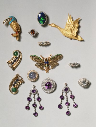 Selección de joyas: pendientes de araña de amatista y diamante; broche de estrella de zafiro cabujón y diamante; anillo de ópalo negro; broche o colgante de amatista y diamante; broche de cisne volador de oro de Unbekannt Unbekannt