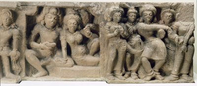 Escultura de piedra de amantes disfrutando de una actuación de danza, del Templo Dasavatara, Deogarh, MP, siglo V de Unbekannt Unbekannt