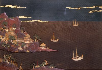 Bandeja con escena marina tomada de una impresión contemporánea, trabajo de pañal, c.1785 (laca) de Unbekannt Unbekannt