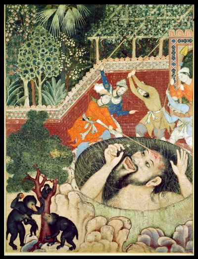 Zumrud Shah cae en un pozo y es golpeado por jardineros, del Hamzanama (Libro de Hamza), de India o Pakistán, c.1562-77 de Unbekannt Unbekannt