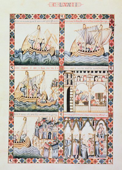 102-0625868/1 Viaje a Acre, ilustraciones de la Cantiga 172, una de las 420 composiciones musicales que narran los milagros de la Virgen, escrita en gallego para Alfonso X el Sabio (1221-84) (vitela) de Unbekannter Künstler