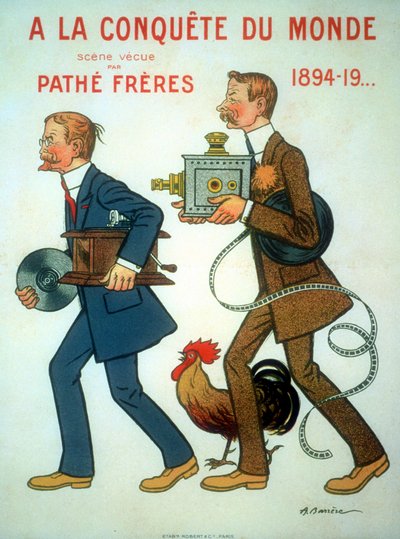 Cartel de 1898 por Adrien Barrere para los hermanos Charles Pathé (1863-1957) y Emile Pathé (1860-1937), ingenieros franceses, productores de cine, aquí con el gallo (su símbolo), proyector y fonógrafo de Unbekannt