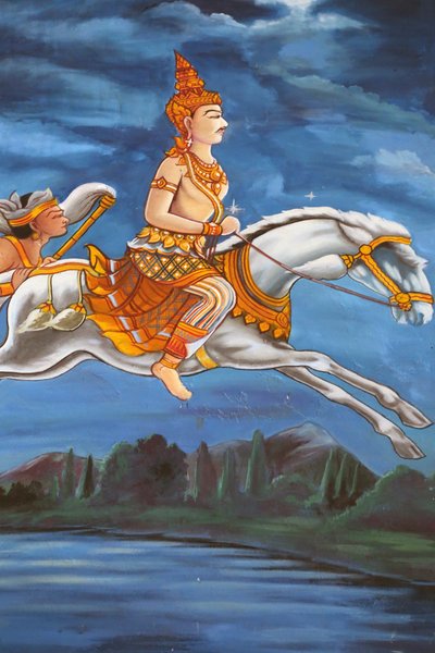 Pintura que representa la historia de la vida de Shakyamuni Buda. El Buda deja su palacio por la noche en su caballo Kanthaka seguido por su conductor Channa, Vientián, Laos de Unbekannt