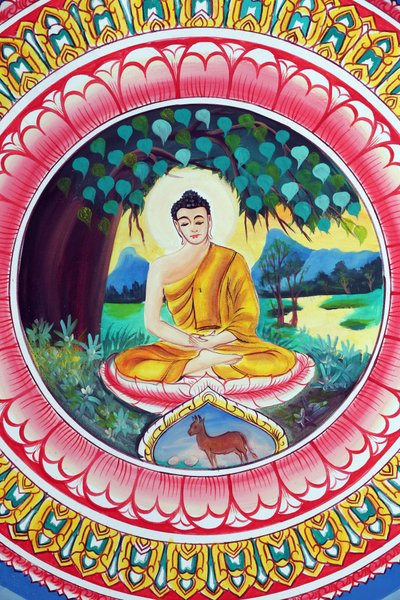 Templo budista Wat Inpeng. Pintura que representa la historia de la vida de Shakyamuni Buda. Buda sentado en la pose de meditación, Vientián, Laos de Unbekannt