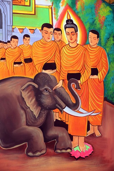 20151029, Vientiane, Laos: Templo budista Wat Si Muang (Simuong). Pintura que representa la historia de la vida de Buda Shakyamuni. Un elefante salvaje domesticado por la bondad amorosa de Unbekannt